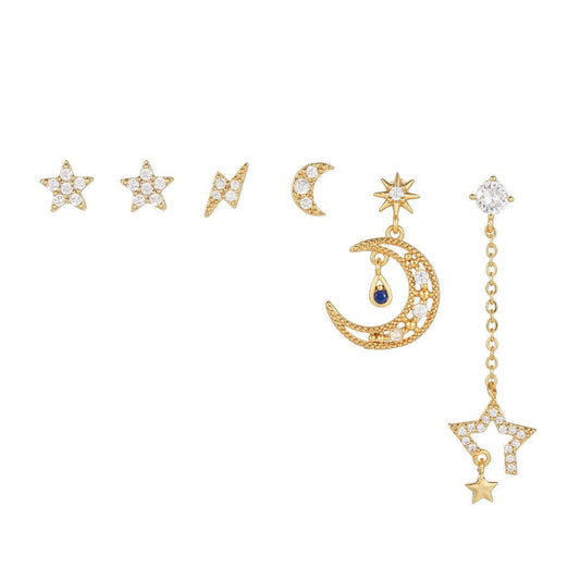 BLUE TEAR Gold Celestial Earring Set | Mismatched Star Moon Lightning Studs & Dangles | Dainty Galaxy Jewelry Gift for Her