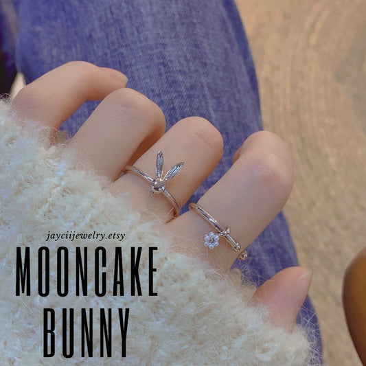 MOONCAKE BUNNY Silver 2 Pieces Ring Set, Skinny Band Adjustable Minimalist Ring, Simple Shiny Animal Smooth Ring, Perfect Gift For Her