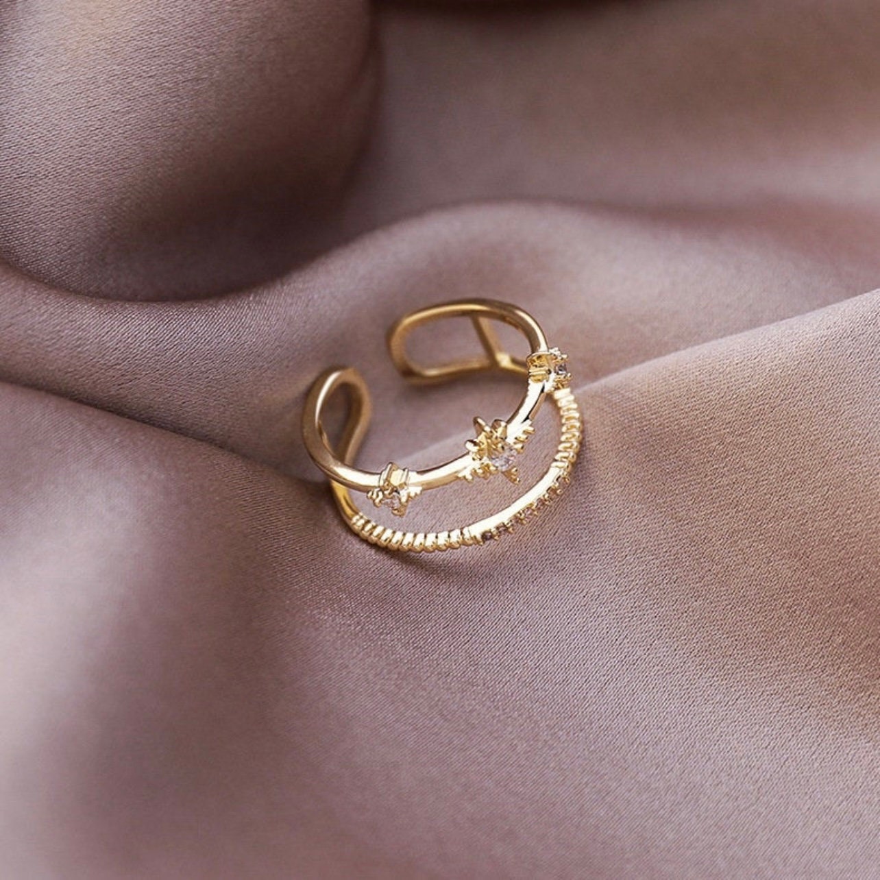 CELESTIAL GOLD CHAIN Multiple Ring Set, Adjustable Gold Star Rings, Dainty Cz Open Rings, Layering Keychain Ring Set, Floral Gold Ring Set