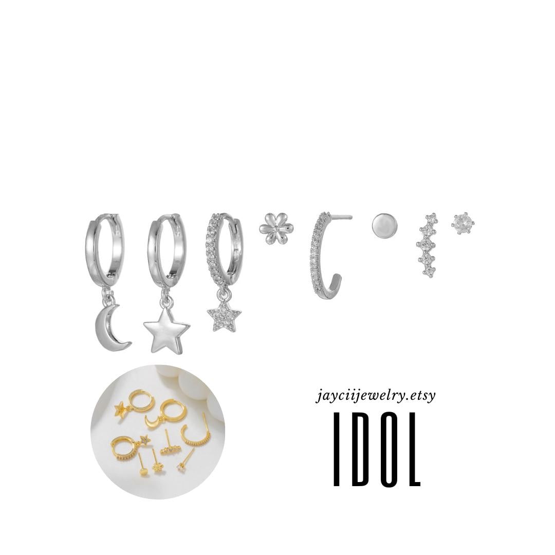 IDOL - Multiple Elegant Piercing Minimalist Earrings Set For Her, Celestial Moon And Star Mismatched Dainty Shiny Bright Earrings Set