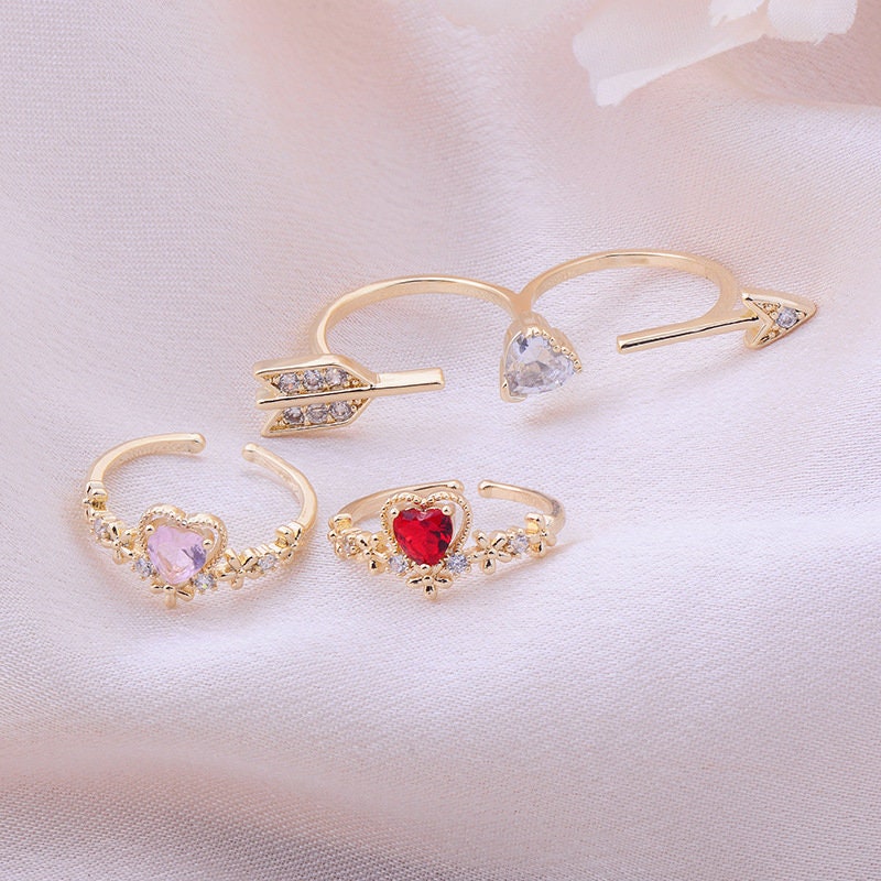 Red Heart Gold Ring, Multiple Ring Set, Stackable Ring Set, Double Ring Set, Love Ring, Heart Ring, Statement Ring, Opal Ring, Arrow Ring