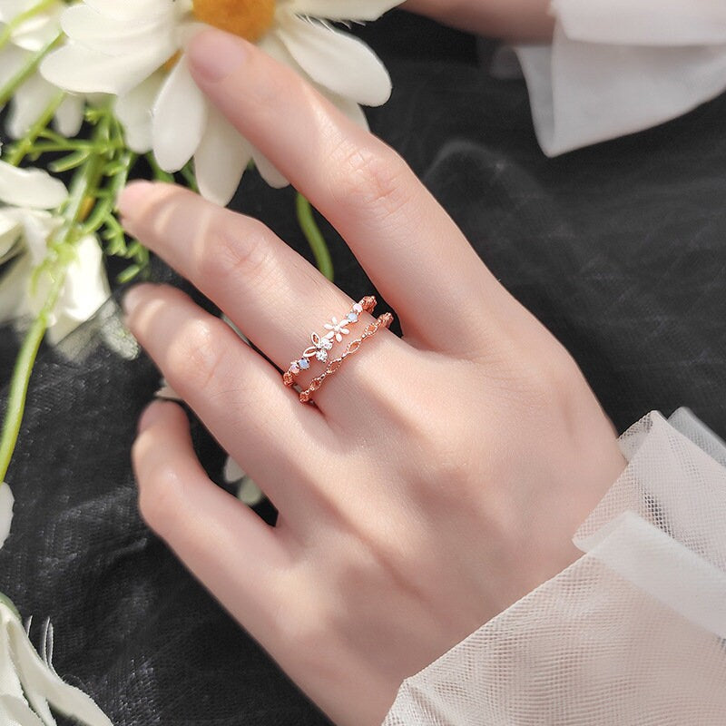 FLORAL ROSE GOLD Stackable Ring Set, Cz Rings, Crescent Rings, Open Ring, Adjustable Flower Rings, Celestial Rings, Rose Gold Rings For Her