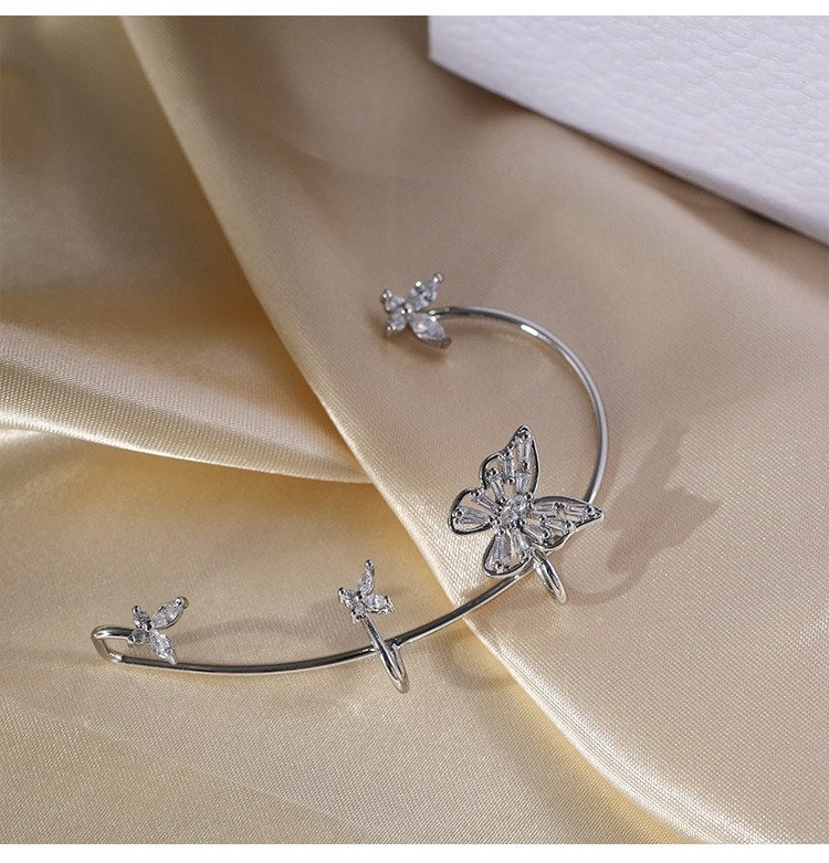 Butterfly Ear Cuff Earrings, No Piercing Butterfly Climber, Silver Butterfly Ear Wrap, Party Earrings, animal earrings, full ear earrings,