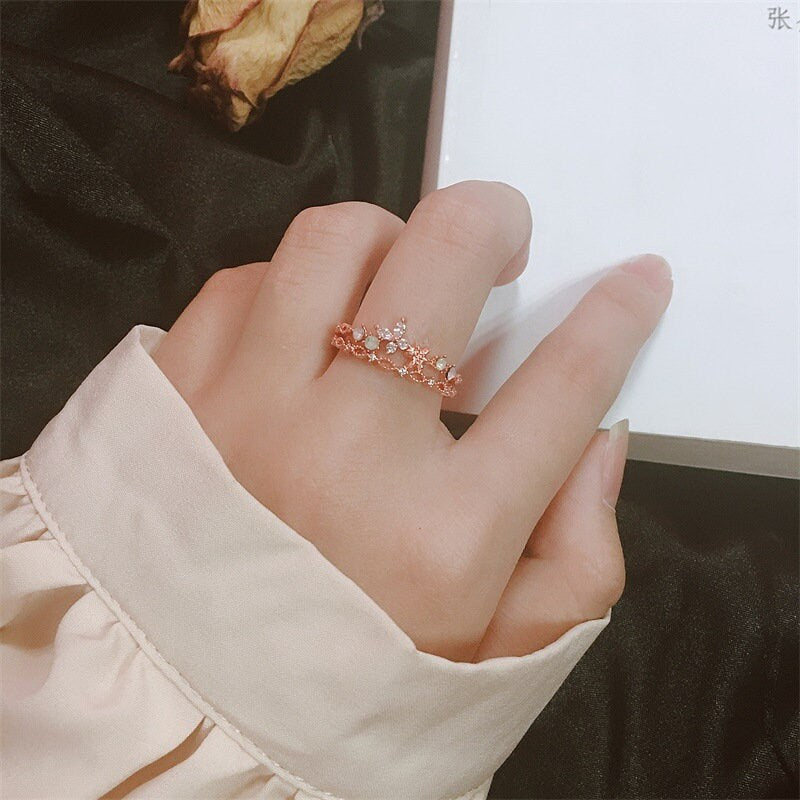 FLORAL ROSE GOLD Stackable Ring Set, Cz Rings, Crescent Rings, Open Ring, Adjustable Flower Rings, Celestial Rings, Rose Gold Rings For Her