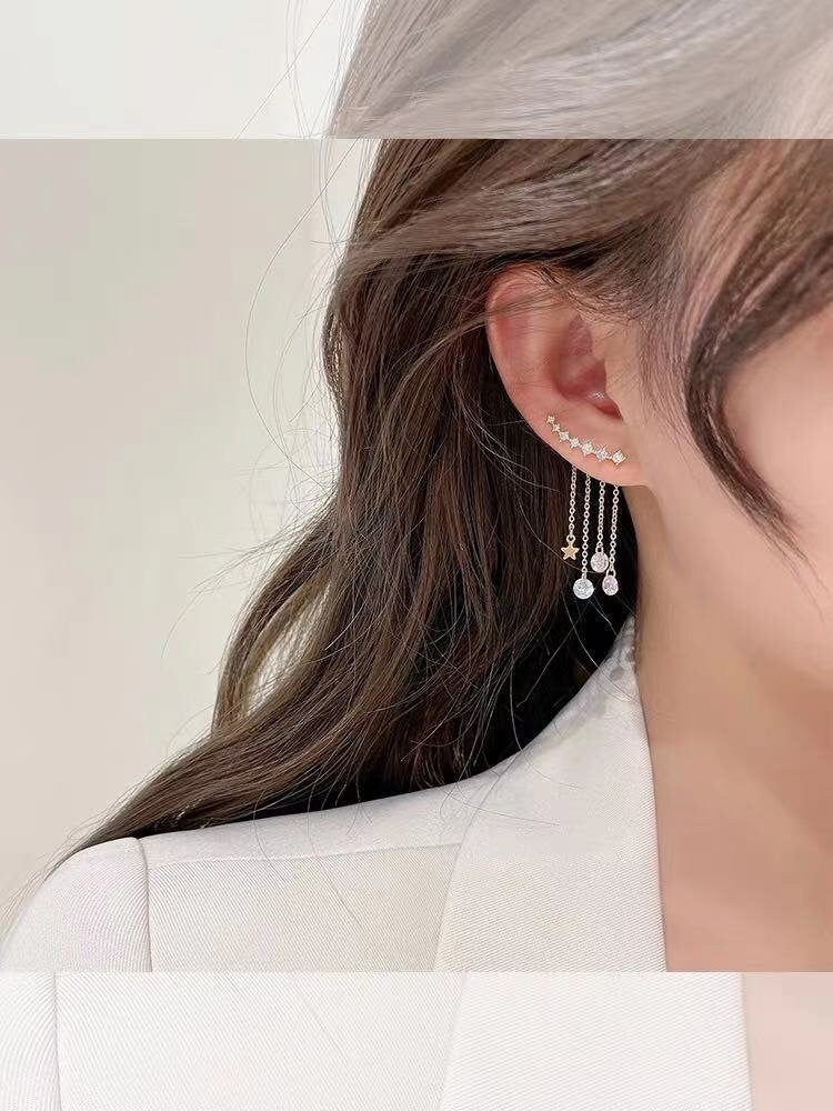 STAR EAR CLIMBER With Crystal Chain Tassel Ear Jacket Earrings Set For Women, Gift For Her, Celestial Ear Climber, Star Dangle Earrings Set