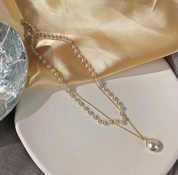 GOLD CHAIN PEARL Necklace For Her, Double Layer Gold Necklace Set, Dainty Gold Chain Necklace, Fresh Water Pearl Pendant, Beaded Necklace