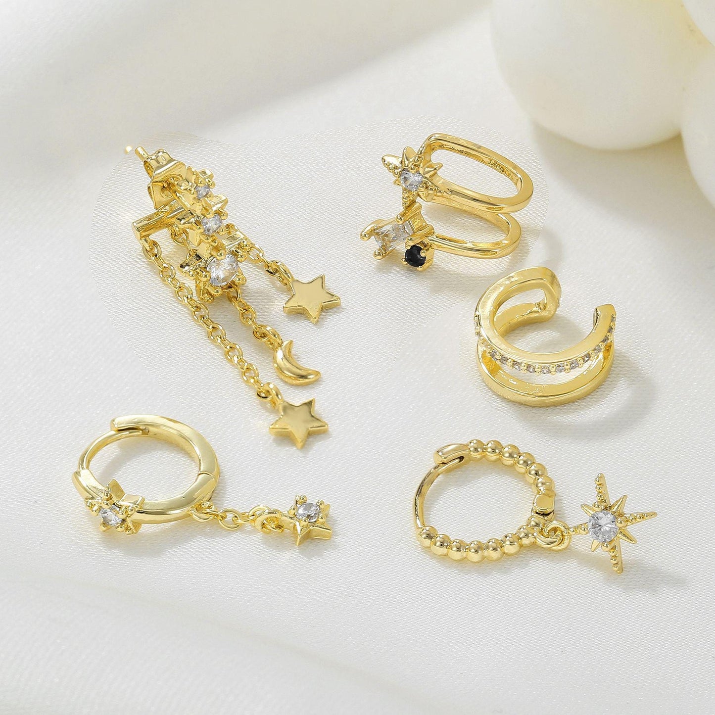 STAR - Unique Gold Plated Celestial Gold Earrings, Long Dangling Gold Linked Chain Stud Earrings, Clear Stone Star Earrings For Little Girls