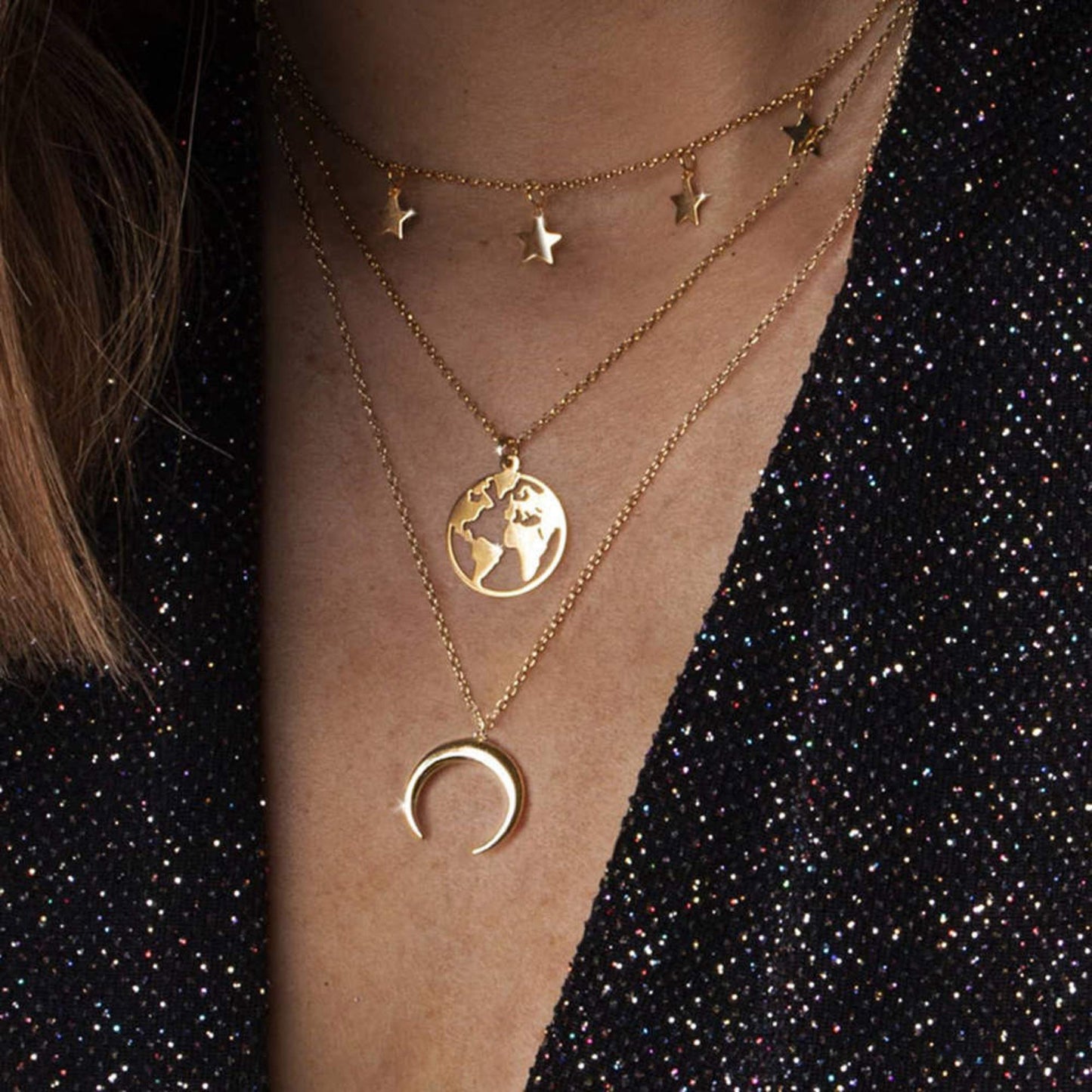 GOLD CHAIN LAYER Necklace, Moon Shaped Necklace For Women, Dainty Minimalist Necklace For Girls, Bridesmaid Necklace, 3 Strand Necklace