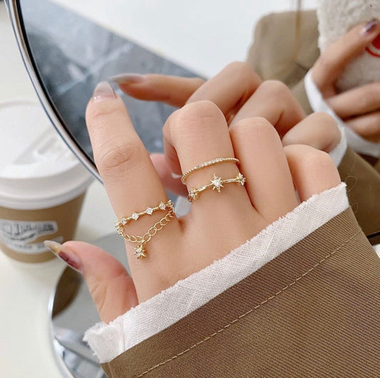 CELESTIAL GOLD CHAIN Multiple Ring Set, Adjustable Gold Star Rings, Dainty Cz Open Rings, Layering Keychain Ring Set, Floral Gold Ring Set