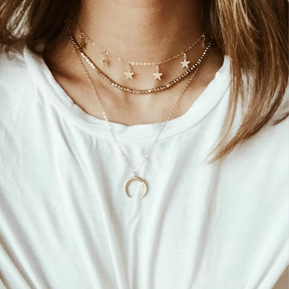 GOLD NECKLACE, LAYERD Necklace,  Minimal Moon Shaped Necklace For Women , Dainty Necklace For Girls, Gift For Her, Cute Wedding Necklace