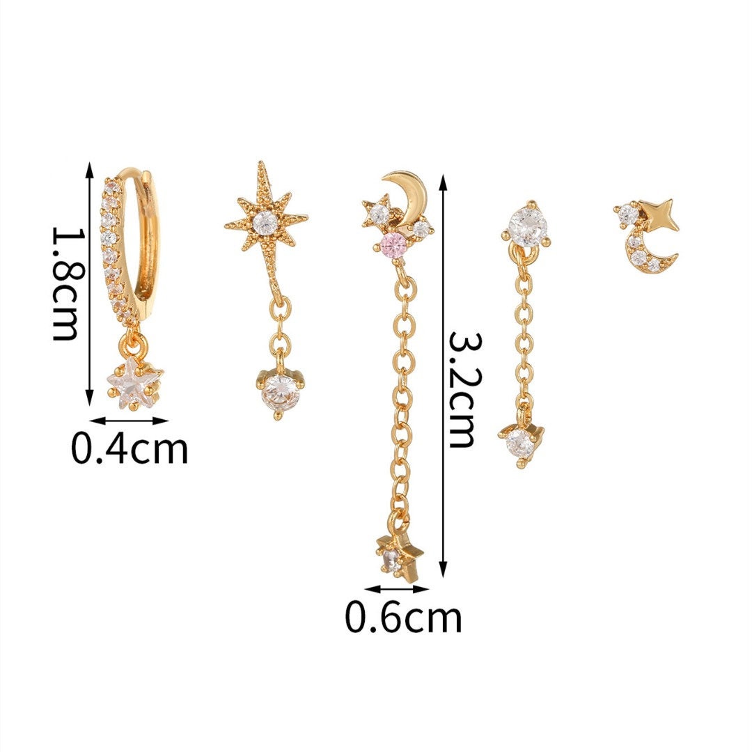 DAINTY CHAIN CELESTIAL Moon and Star Multiple Pierces Earring Set Crystal Long Drop Dangling Statement Elegant Star Earrings Birthday Gifts