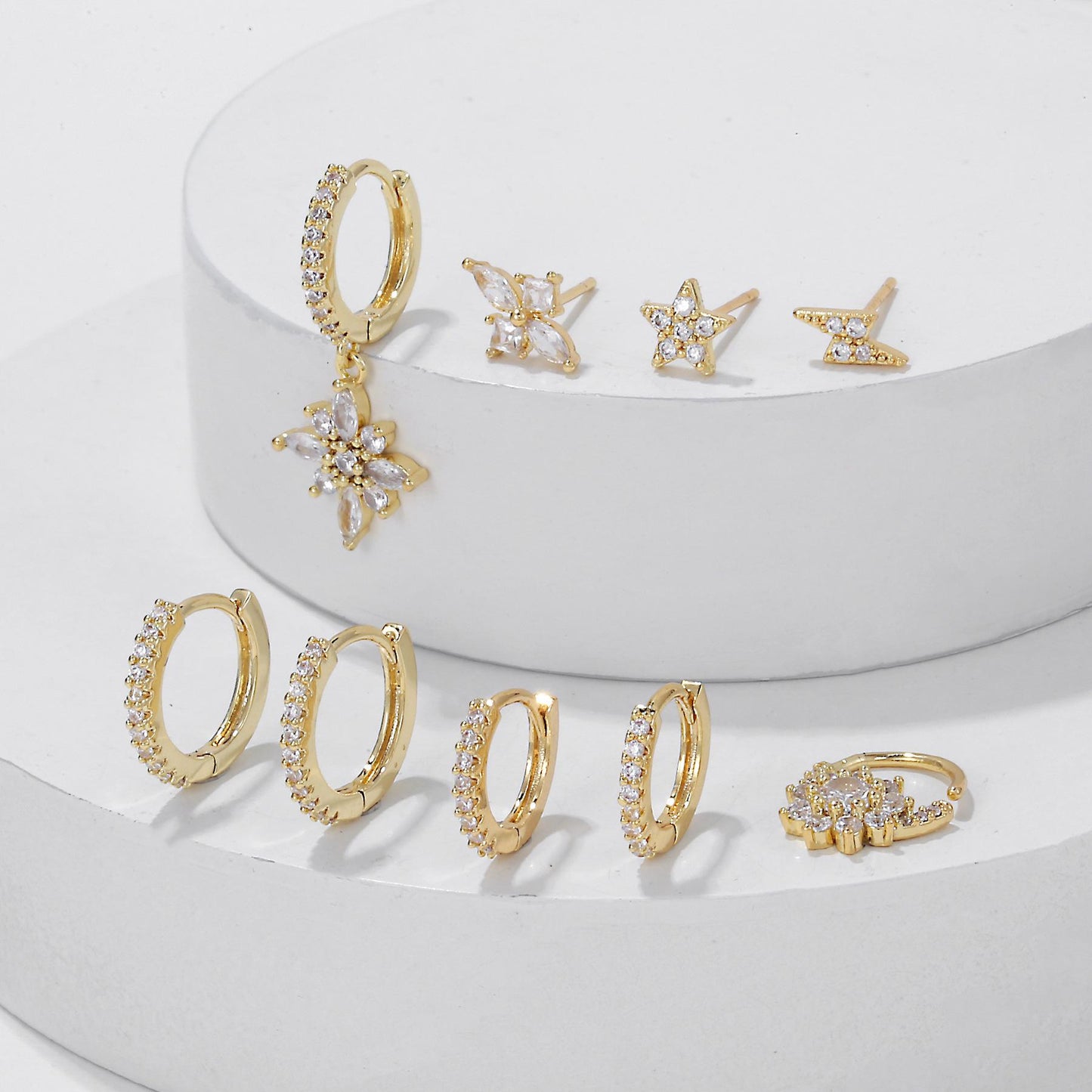 DRYAS - Multiple Gold Piercing Earrings Set For Aesthetic Girl, 9 Pieces Include 6 Huggies and 3 Studs Gold Plated Hypoallergenic Earrings