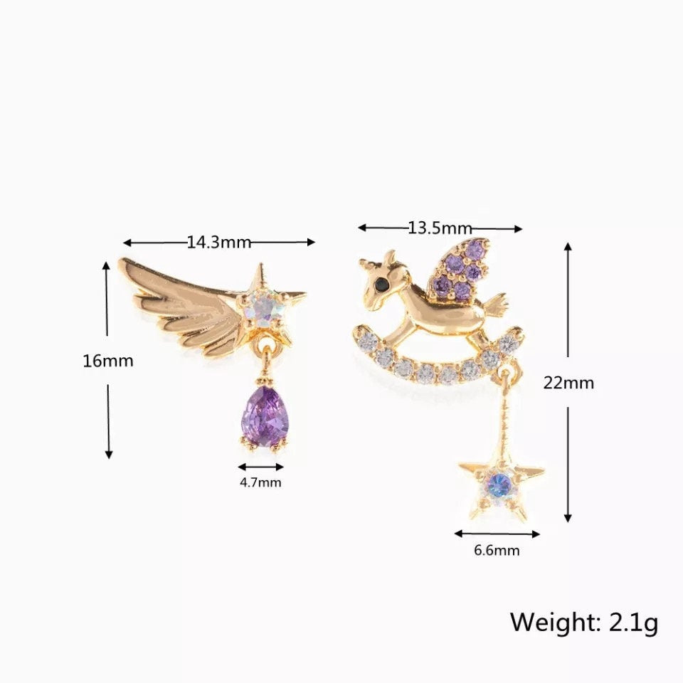 Unicorn Crystal Dangle Gold Earrings, Amethyst Stone Earring, Mismatched Earrings, Animal Earrings, Dainty Gold Earrings Set For Her