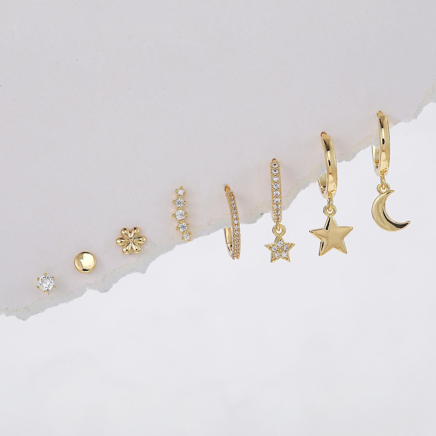 IDOL - Multiple Elegant Piercing Minimalist Earrings Set For Her, Celestial Moon And Star Mismatched Dainty Shiny Bright Earrings Set