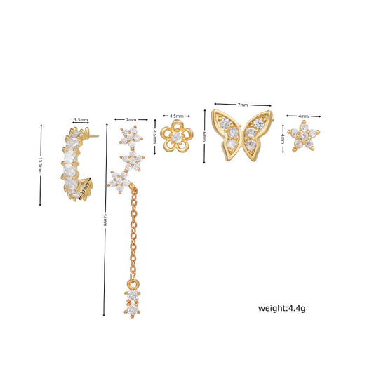 GOLDEN BUTTERFLY Earrings Set – Dainty Gold Ear Stack with Butterfly, Floral Studs & Chain Drop | Crystal CZ Mismatched Set | Jaycii Jewelry
