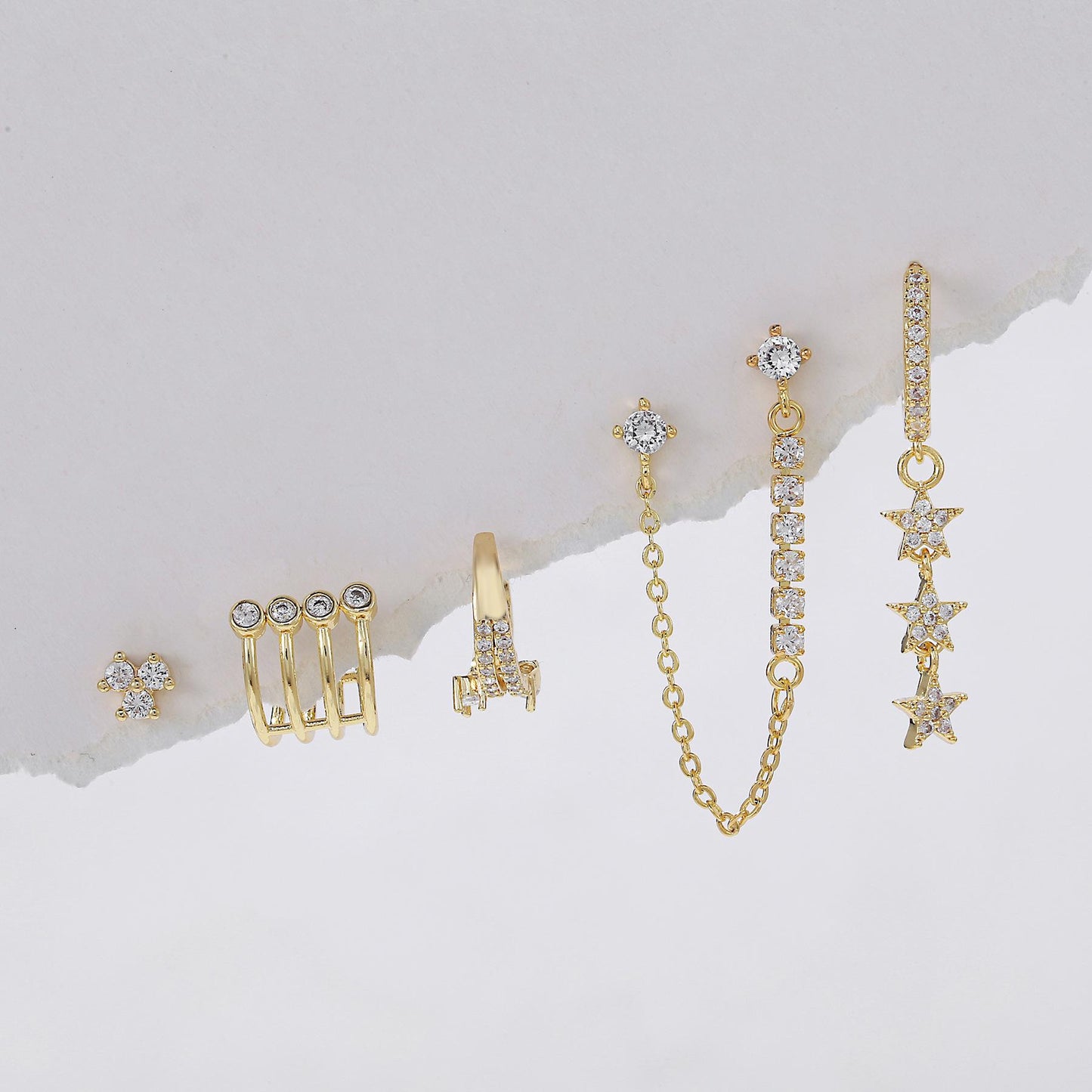 ROCK STAR - Unique Gold Plated Celestial Gold Earrings, Long Dangling Gold Linked Chain Stud Earrings, Clear Stone Star Earrings For Girls