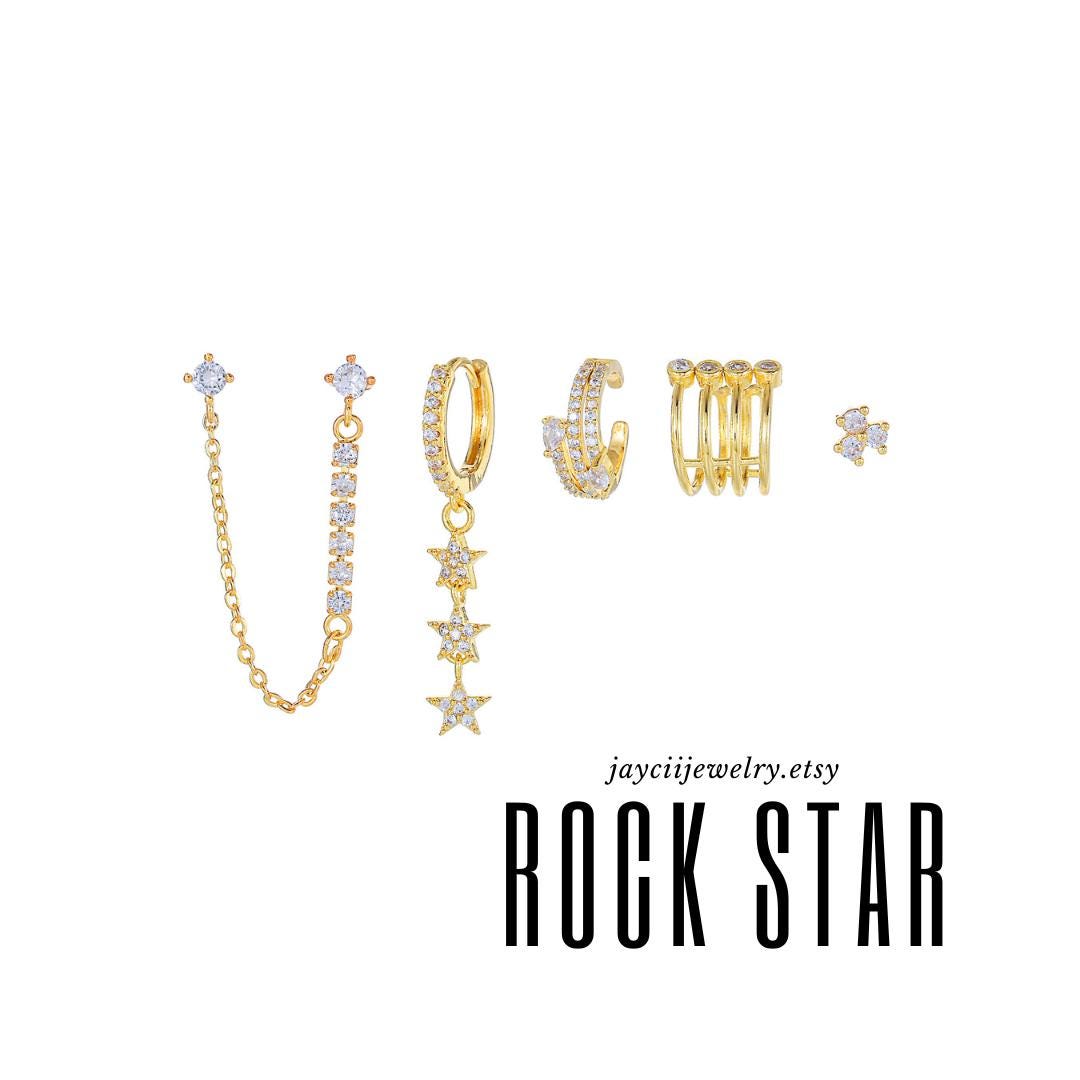 ROCK STAR - Unique Gold Plated Celestial Gold Earrings, Long Dangling Gold Linked Chain Stud Earrings, Clear Stone Star Earrings For Girls