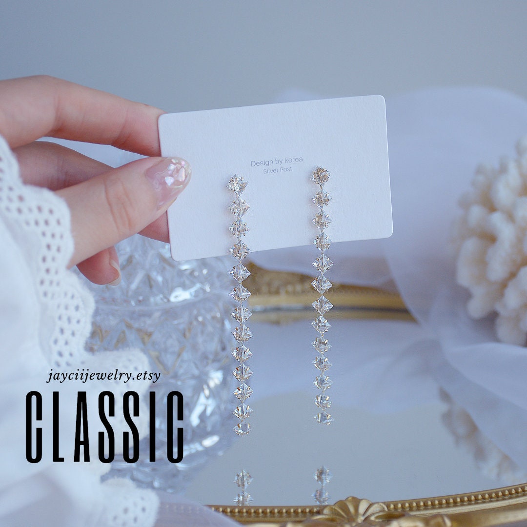 Long Elegant Crystal Diamond Earrings - Luxury Gold Chain Statement Jewelry for Women. Classic, Timeless Beauty - Finest Bridesmaid Gift