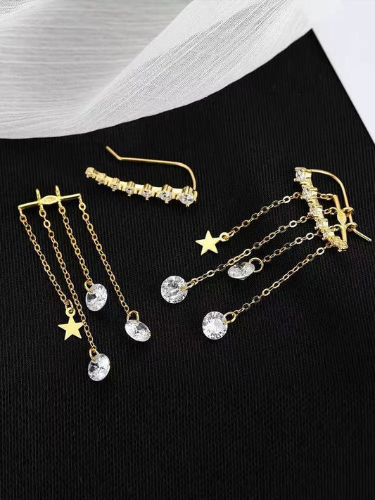 STAR EAR CLIMBER With Crystal Chain Tassel Ear Jacket Earrings Set For Women, Gift For Her, Celestial Ear Climber, Star Dangle Earrings Set