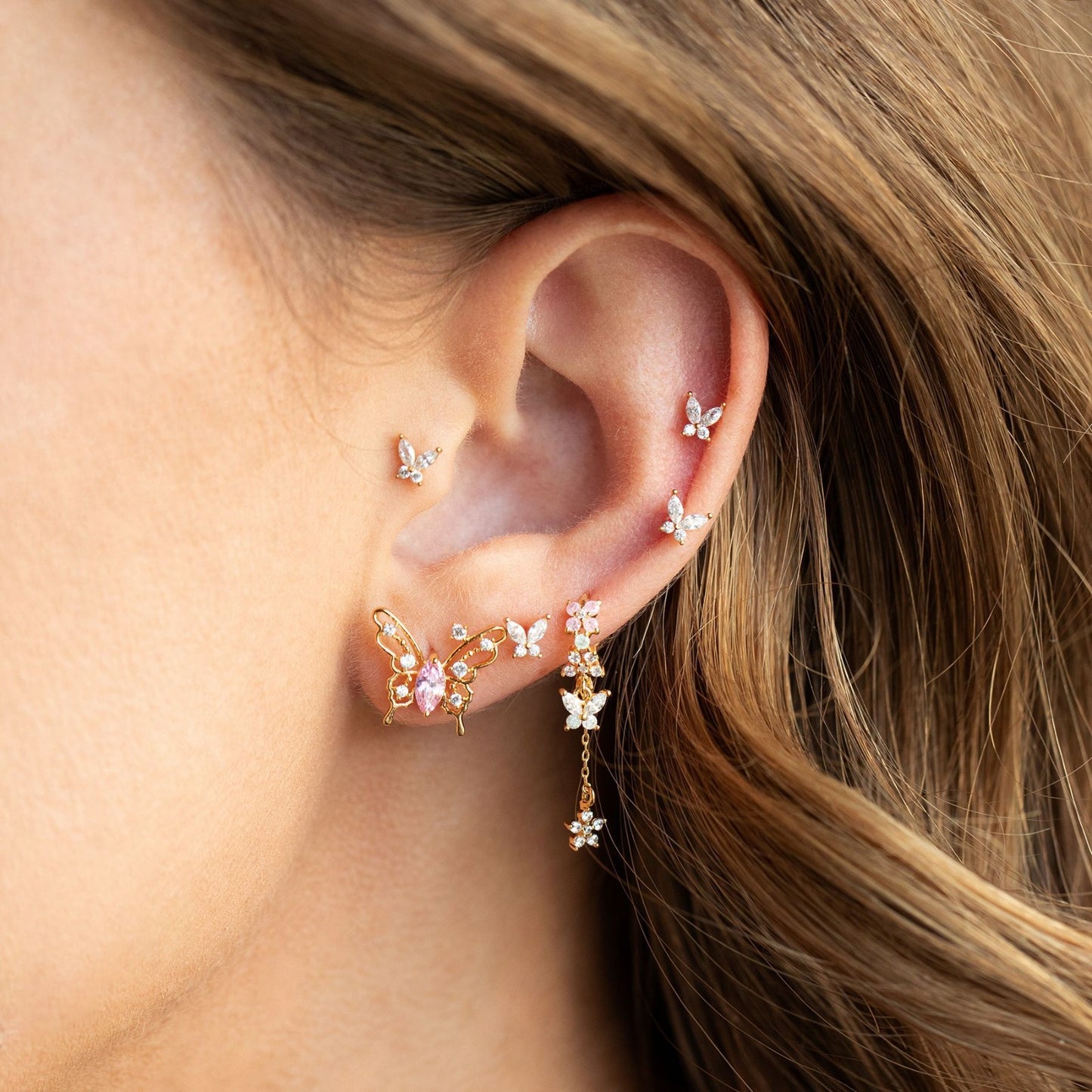 BUTTERFLY KISSES Mismatched Earring Set | Pink & Crystal Butterfly Studs and Drop Earrings | Dainty Spring Jewelry Gift for Her