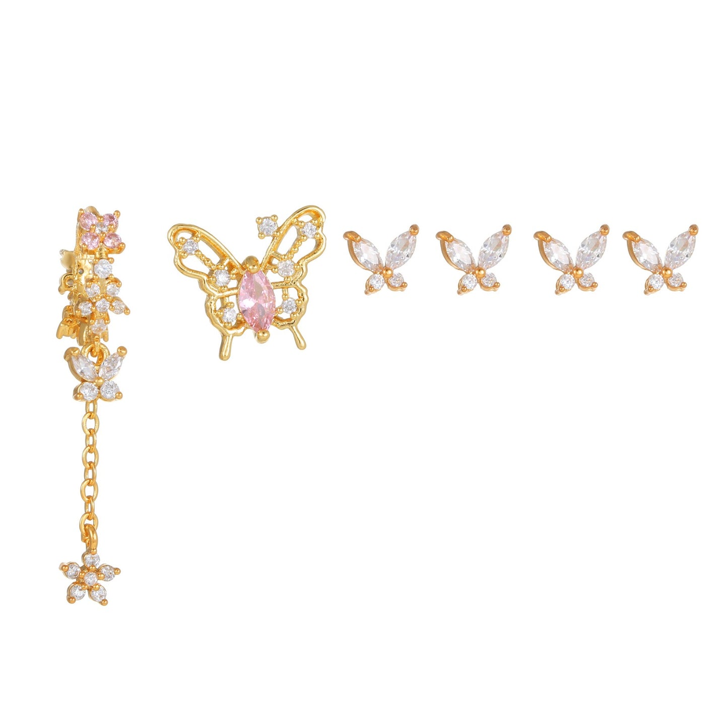 BUTTERFLY KISSES Mismatched Earring Set | Pink & Crystal Butterfly Studs and Drop Earrings | Dainty Spring Jewelry Gift for Her