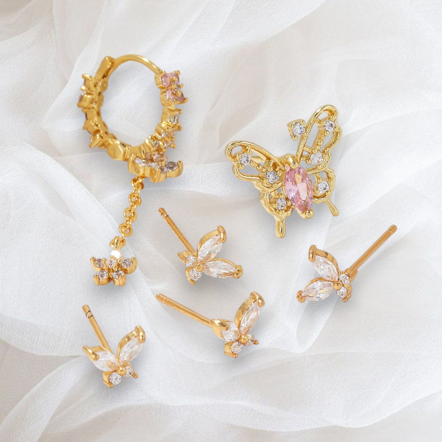 BUTTERFLY KISSES Mismatched Earring Set | Pink & Crystal Butterfly Studs and Drop Earrings | Dainty Spring Jewelry Gift for Her