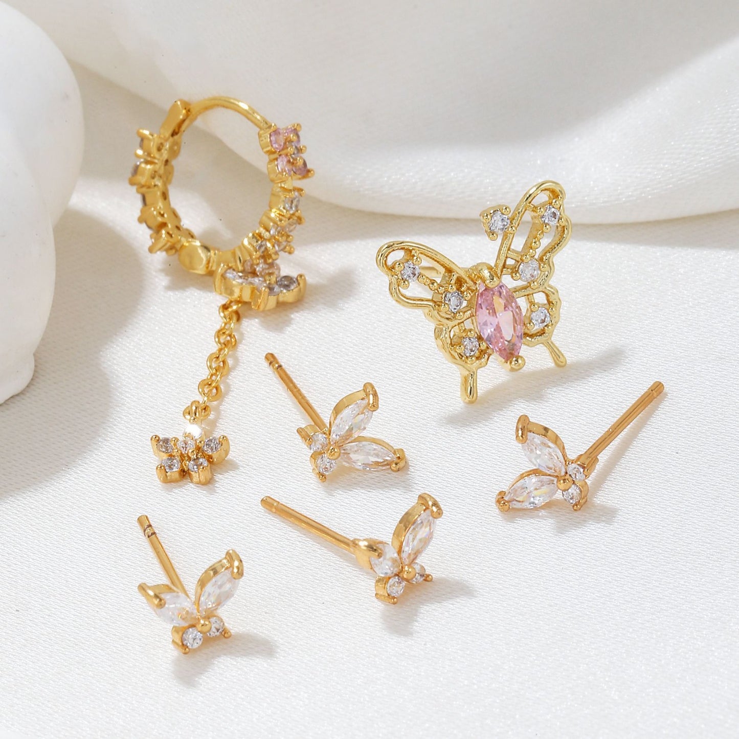 BUTTERFLY KISSES Mismatched Earring Set | Pink & Crystal Butterfly Studs and Drop Earrings | Dainty Spring Jewelry Gift for Her