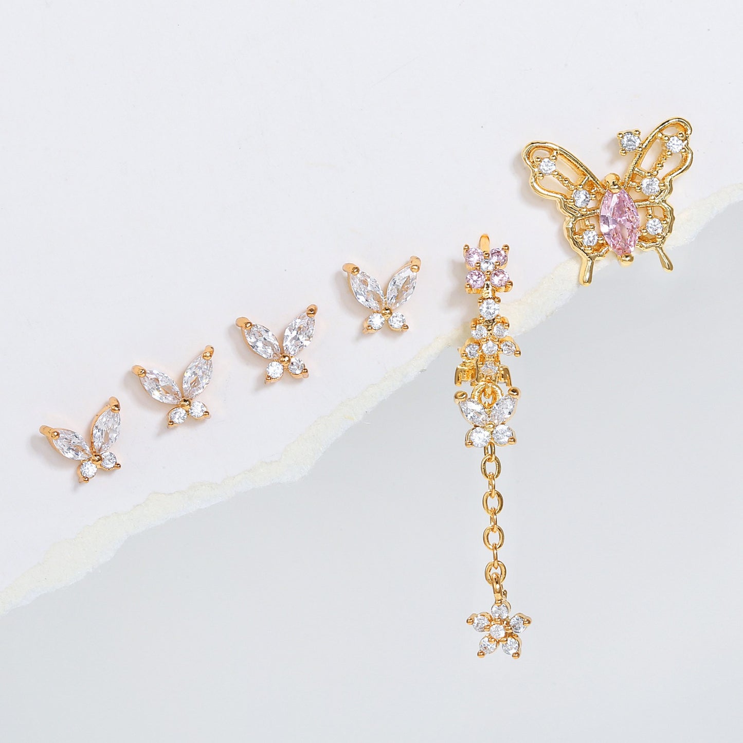 BUTTERFLY KISSES Mismatched Earring Set | Pink & Crystal Butterfly Studs and Drop Earrings | Dainty Spring Jewelry Gift for Her