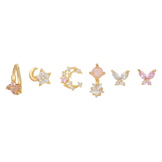 FAIRY DUSK Earrings Set – Gold Mismatched Studs & Hoops with Stars, Butterflies & Moons | Dainty Pink Fairycore Jewelry | Jaycii Jewelry