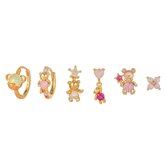 BEANIE BABY Earrings Set – Gold Teddy Bear Mismatch Studs & Hoops with Pastel Crystals | Cute Kawaii Bear Jewelry | Jaycii Jewelry
