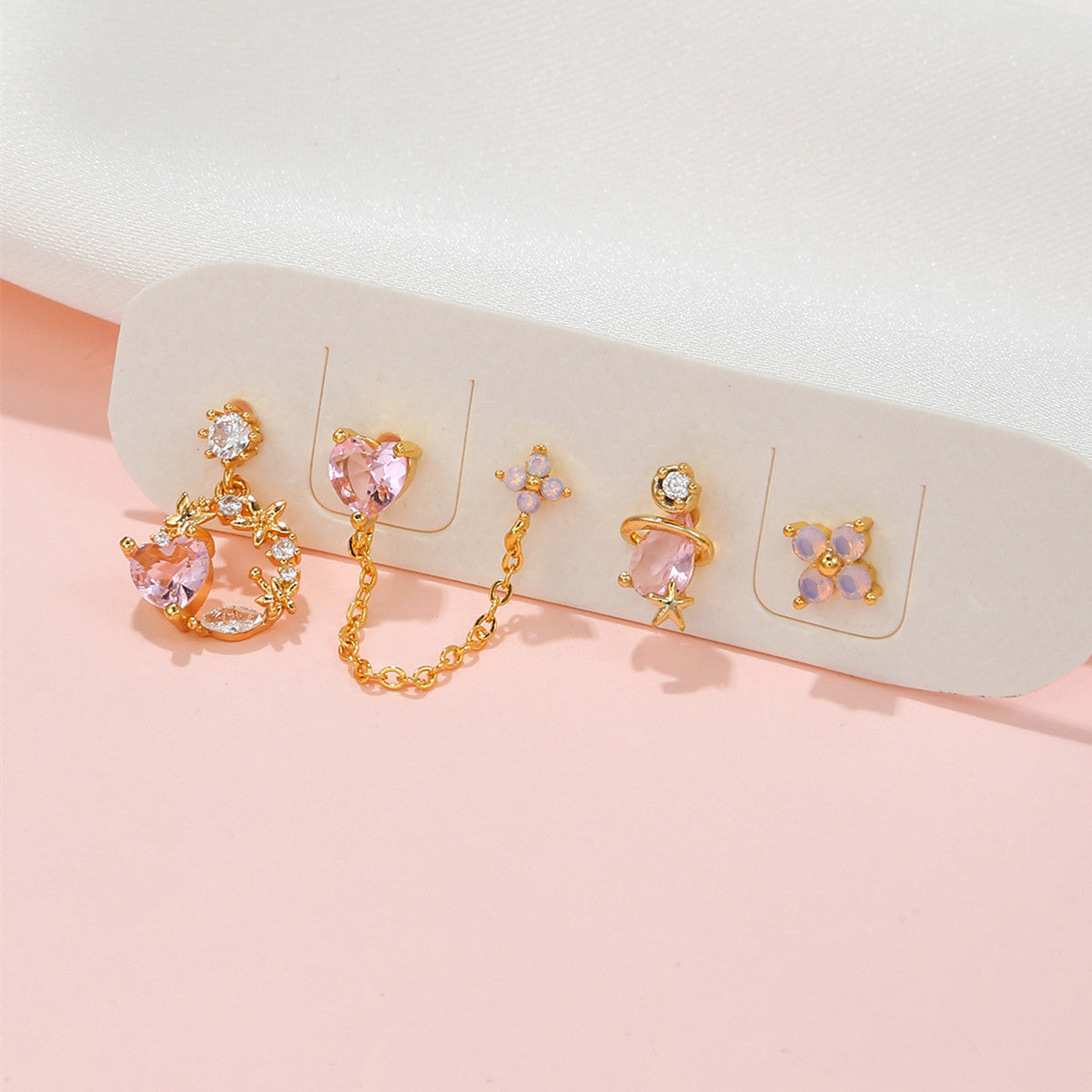 FLUSHED WREATH Pink Heart & Floral Earring Set | Mismatched Dainty Gold Earrings with Chain & Planet Design | Romantic Gift for Her