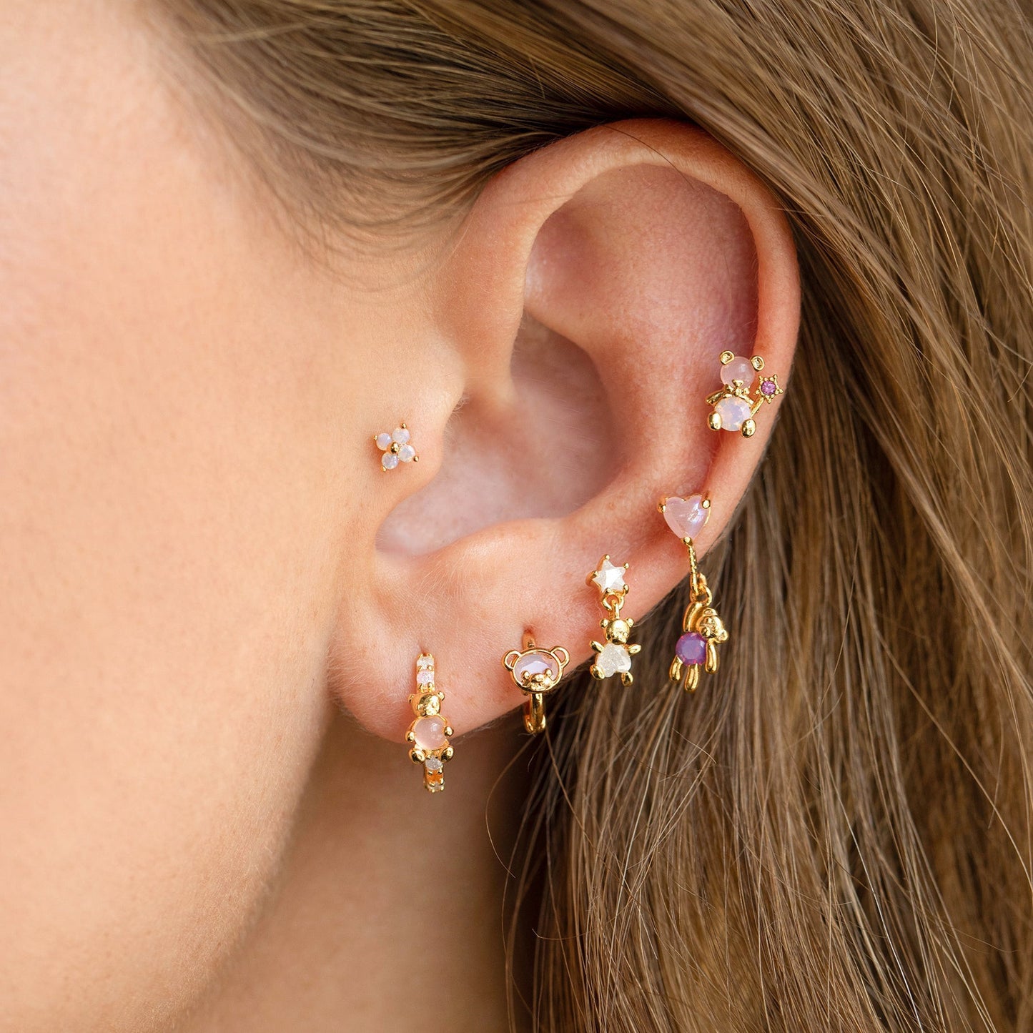 BEANIE BABY Earrings Set – Gold Teddy Bear Mismatch Studs & Hoops with Pastel Crystals | Cute Kawaii Bear Jewelry | Jaycii Jewelry