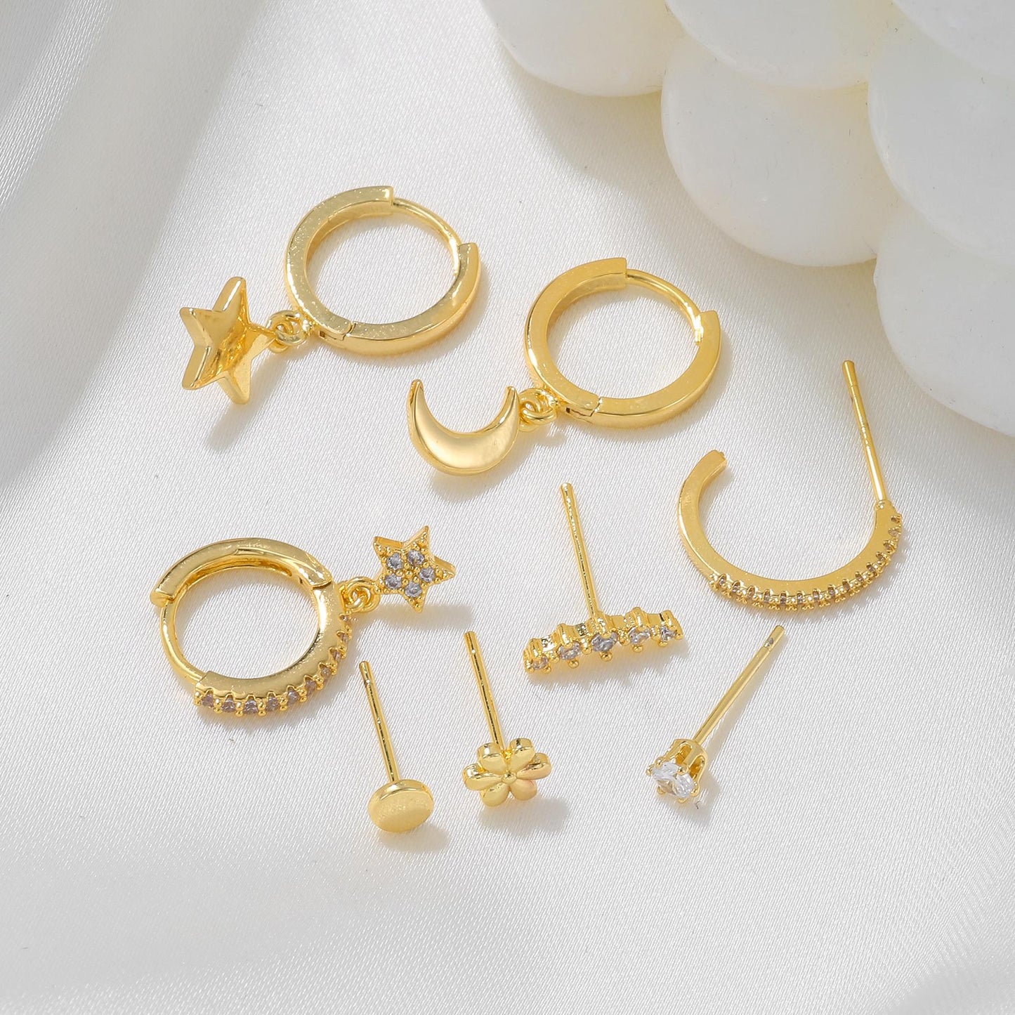 IDOL - Multiple Elegant Piercing Minimalist Earrings Set For Her, Celestial Moon And Star Mismatched Dainty Shiny Bright Earrings Set