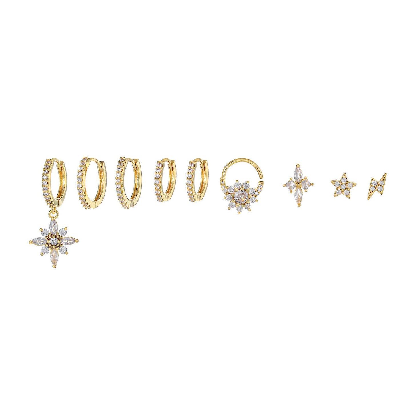 DRYAS - Multiple Gold Piercing Earrings Set For Aesthetic Girl, 9 Pieces Include 6 Huggies and 3 Studs Gold Plated Hypoallergenic Earrings