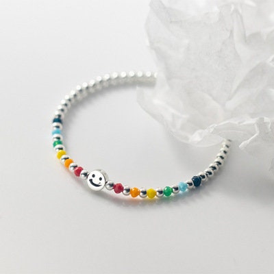 Rainbow Summer Silver Beaded Bracelet, Fresh Water Pearl Bracelet, Colorful Beaded Charm, Summer Smiley Bracelet, Carnelian Boho Bracelet