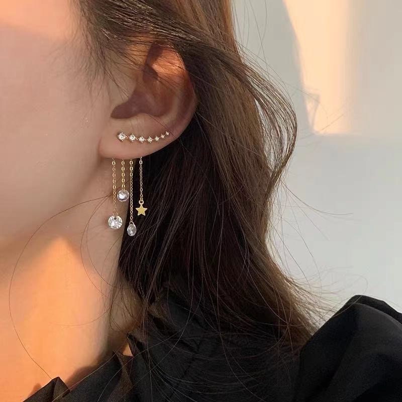 STAR EAR CLIMBER With Crystal Chain Tassel Ear Jacket Earrings Set For Women, Gift For Her, Celestial Ear Climber, Star Dangle Earrings Set