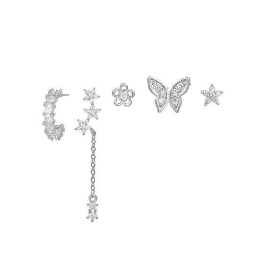 SILVER BUTTERFLY Earrings Set – Dainty Cubic Zirconia Ear Stack with Florals, Butterfly & Chain Drops | Mismatched Studs & Hoops | Jaycii Jewelry