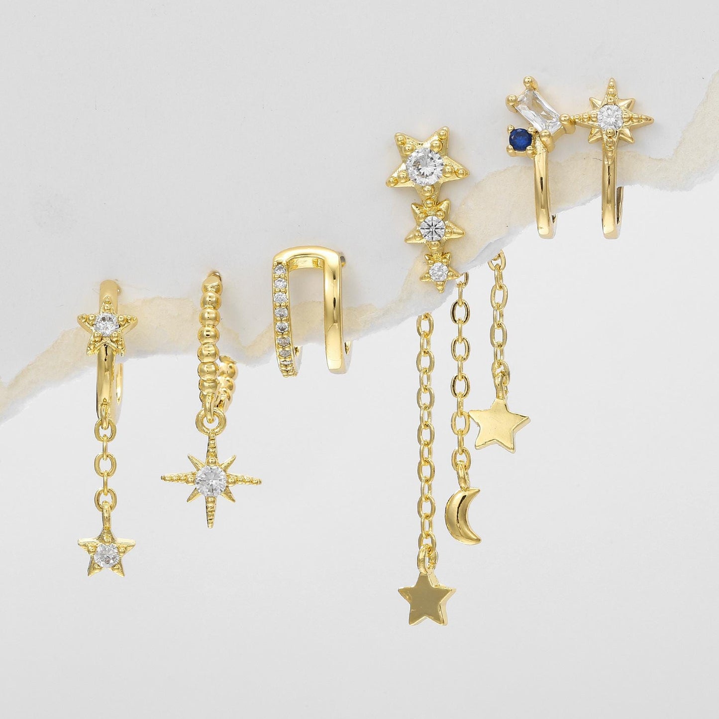 STAR - Unique Gold Plated Celestial Gold Earrings, Long Dangling Gold Linked Chain Stud Earrings, Clear Stone Star Earrings For Little Girls