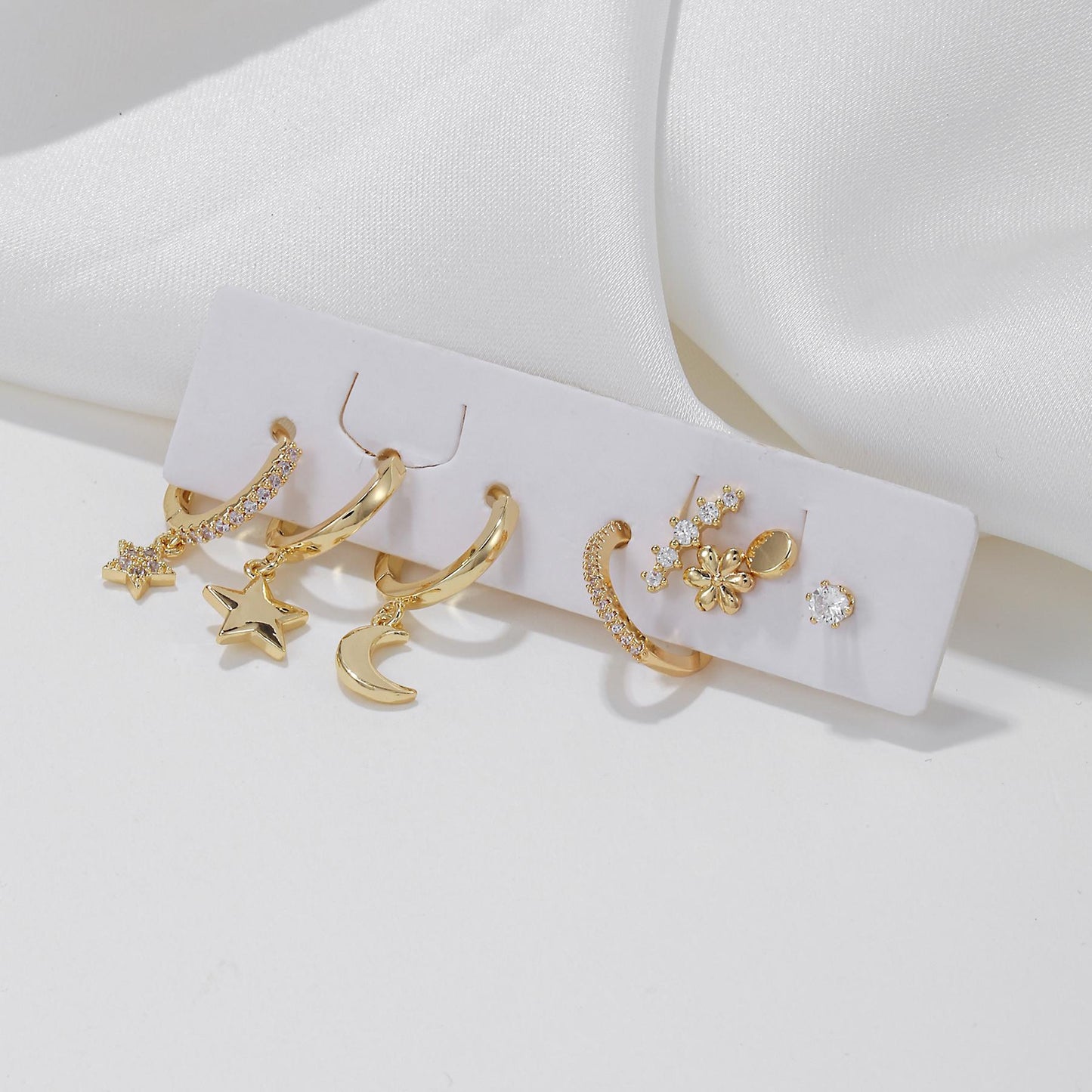 IDOL - Multiple Elegant Piercing Minimalist Earrings Set For Her, Celestial Moon And Star Mismatched Dainty Shiny Bright Earrings Set