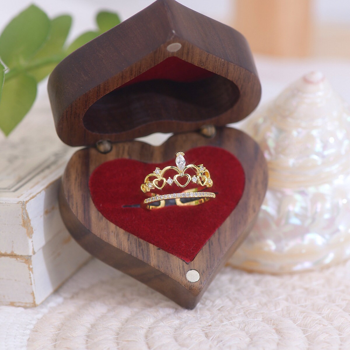 Handmade Gold Heart Rings with Dainty Diamonds - Set of 2 Adjustable Rings - Gift for Her - Romantic Jewelry for Weddings and Engagements