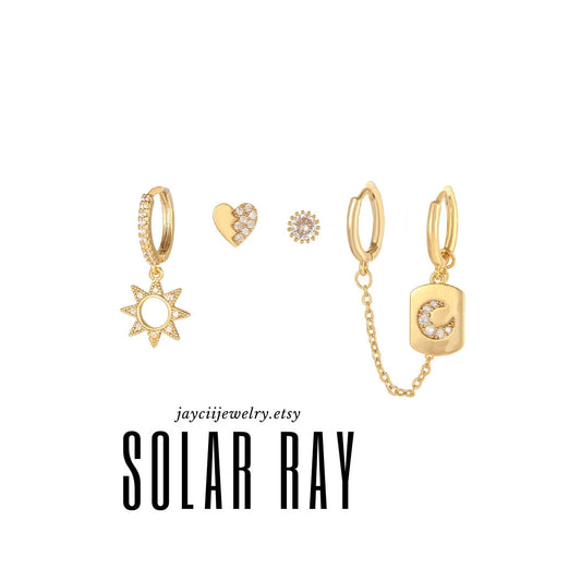 SOLAR RAY - GOLD Celestial Multiple Pieces Earrings Set, Moon Star Heart Sun Design, Dangling Linked Chain Earrings Stud, Best Gift For Her