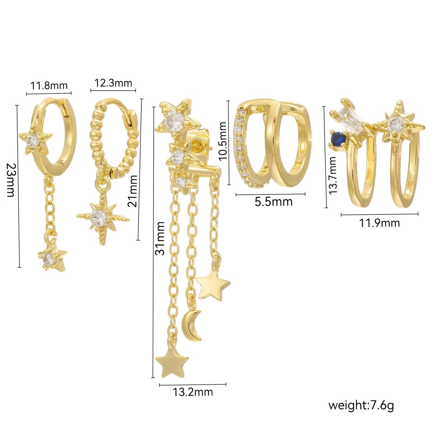 STAR - Unique Gold Plated Celestial Gold Earrings, Long Dangling Gold Linked Chain Stud Earrings, Clear Stone Star Earrings For Little Girls