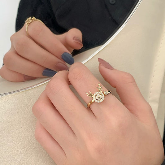 Adjustable Animal Anxiety Rings, Gold CZ Dainty Band Ring, Stackable Ring, Crystal Spinner Ring, Rotating Gold Ring For Her, Cute Deer Ring