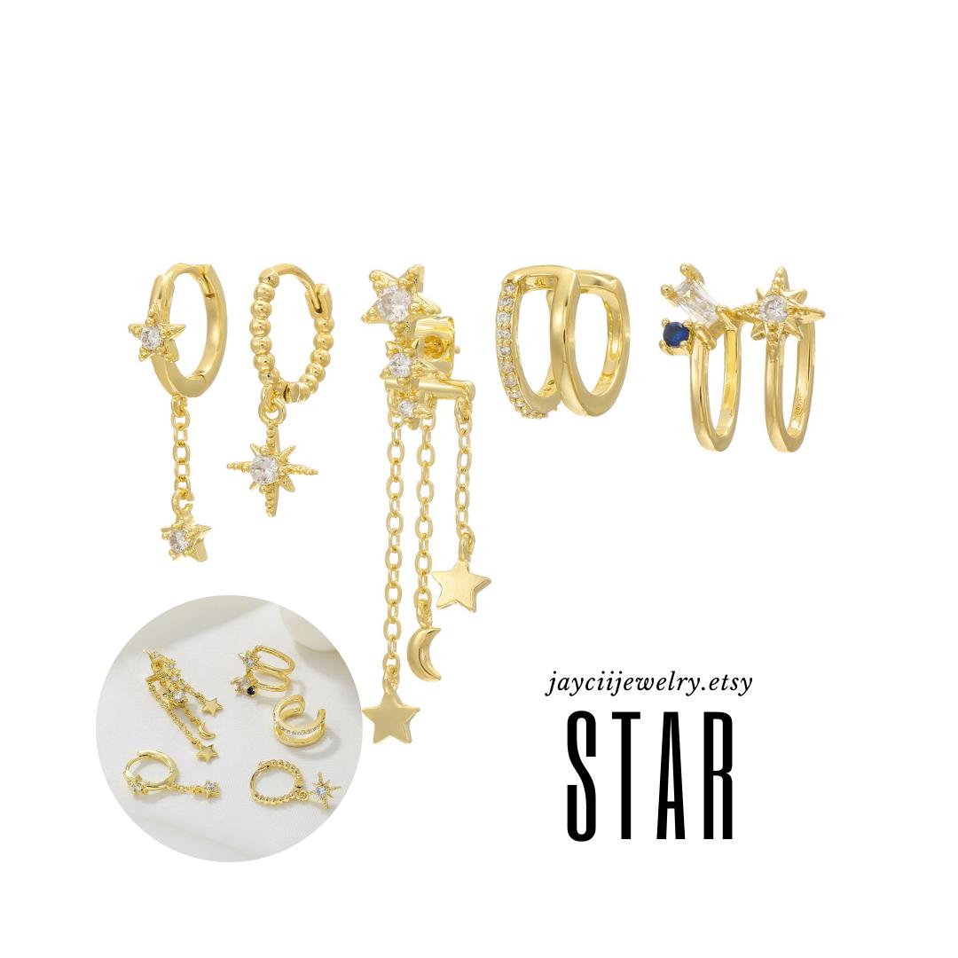 STAR - Unique Gold Plated Celestial Gold Earrings, Long Dangling Gold Linked Chain Stud Earrings, Clear Stone Star Earrings For Little Girls