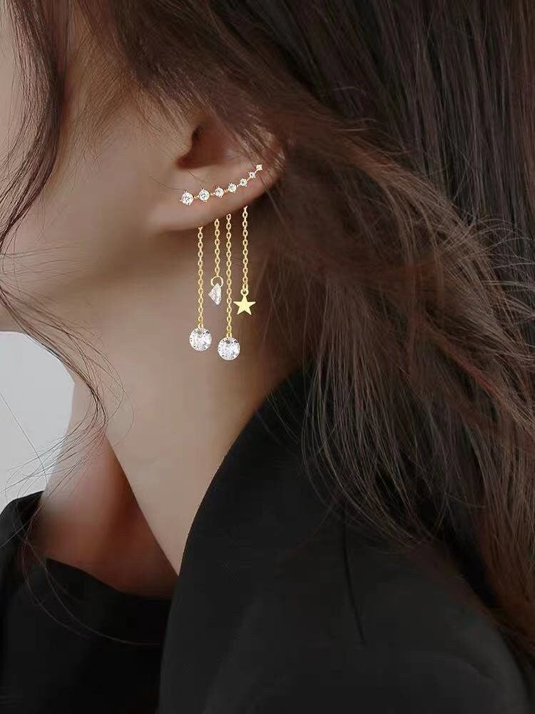 STAR EAR CLIMBER With Crystal Chain Tassel Ear Jacket Earrings Set For Women, Gift For Her, Celestial Ear Climber, Star Dangle Earrings Set