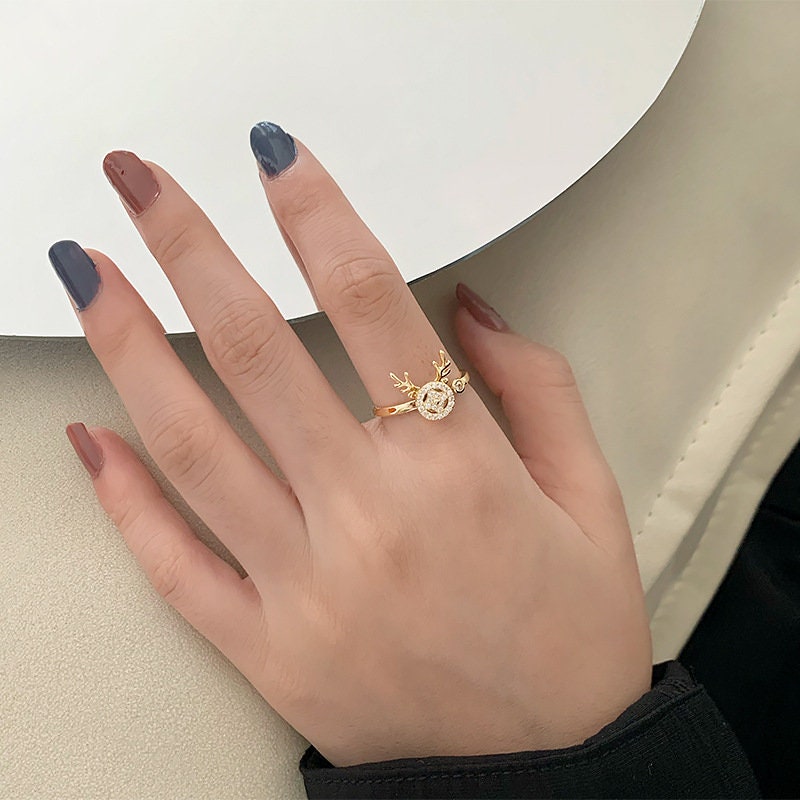 Adjustable Animal Anxiety Rings, Gold CZ Dainty Band Ring, Stackable Ring, Crystal Spinner Ring, Rotating Gold Ring For Her, Cute Deer Ring