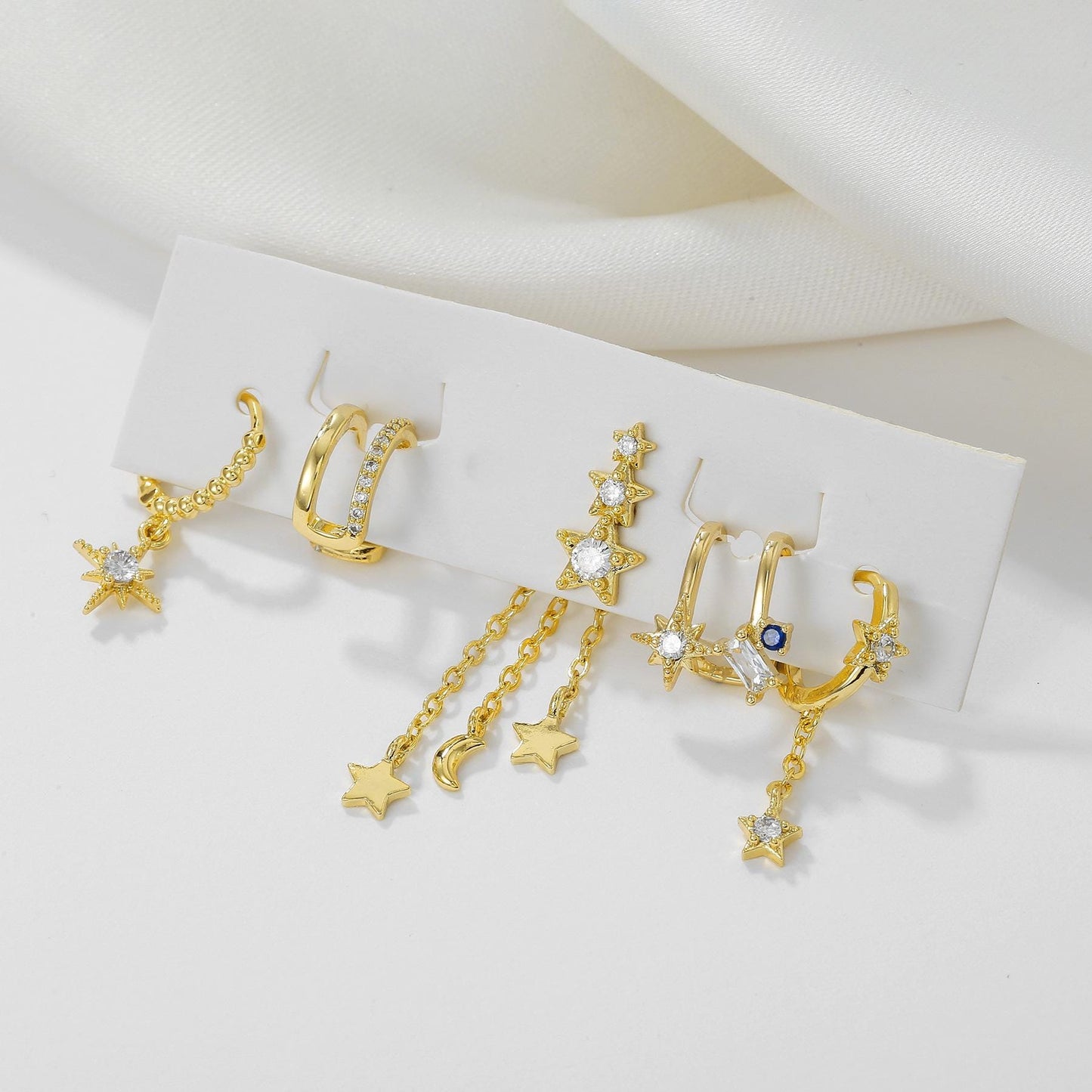 STAR - Unique Gold Plated Celestial Gold Earrings, Long Dangling Gold Linked Chain Stud Earrings, Clear Stone Star Earrings For Little Girls