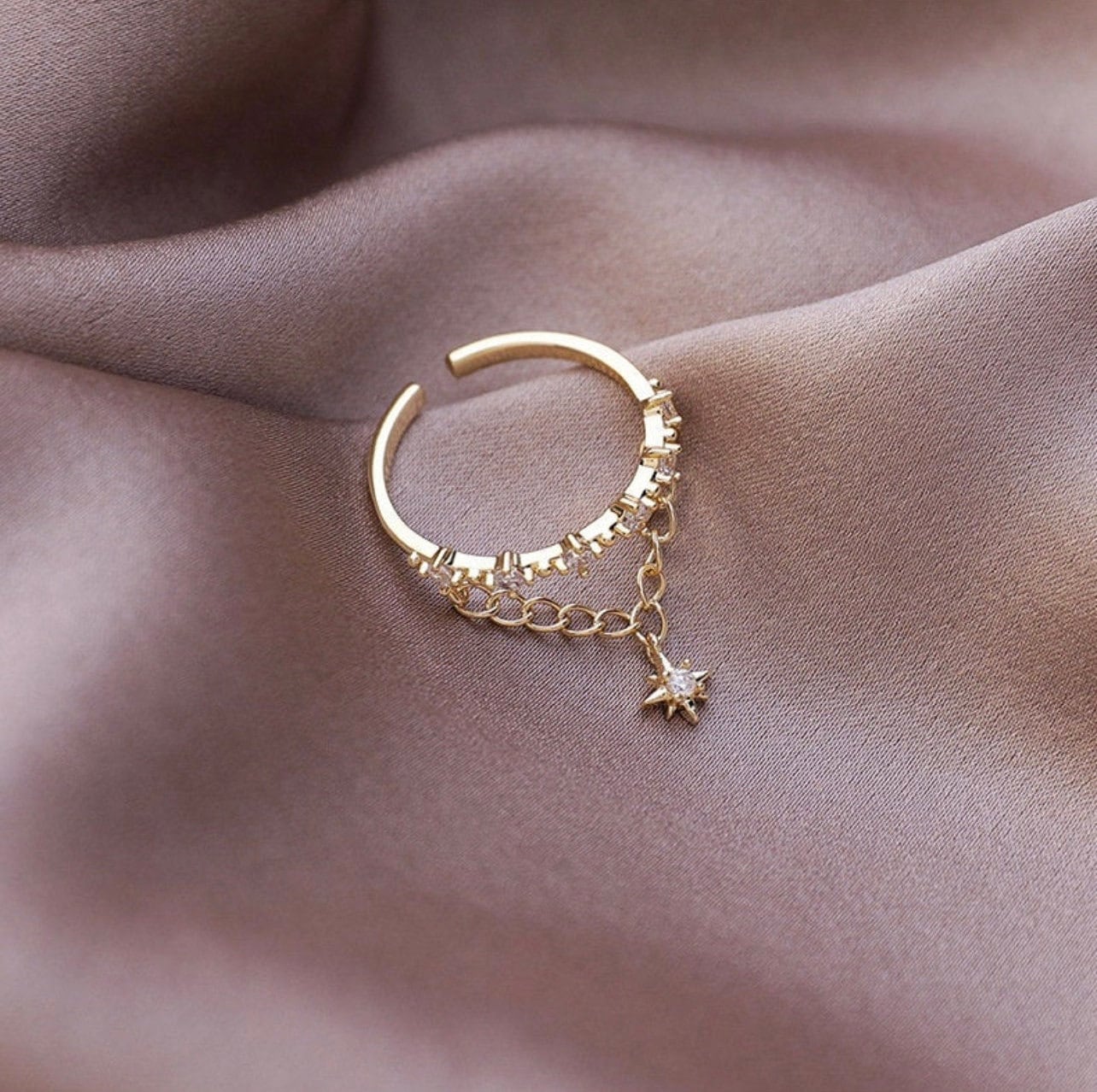 CELESTIAL GOLD CHAIN Multiple Ring Set, Adjustable Gold Star Rings, Dainty Cz Open Rings, Layering Keychain Ring Set, Floral Gold Ring Set