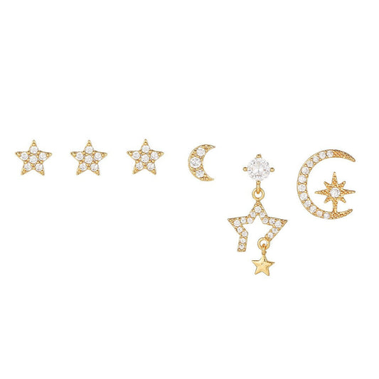 CHASING STAR Earrings Set – Dainty Gold Star & Moon Studs with CZ Crystals | Celestial Mismatched Ear Stack | Jaycii Jewelry