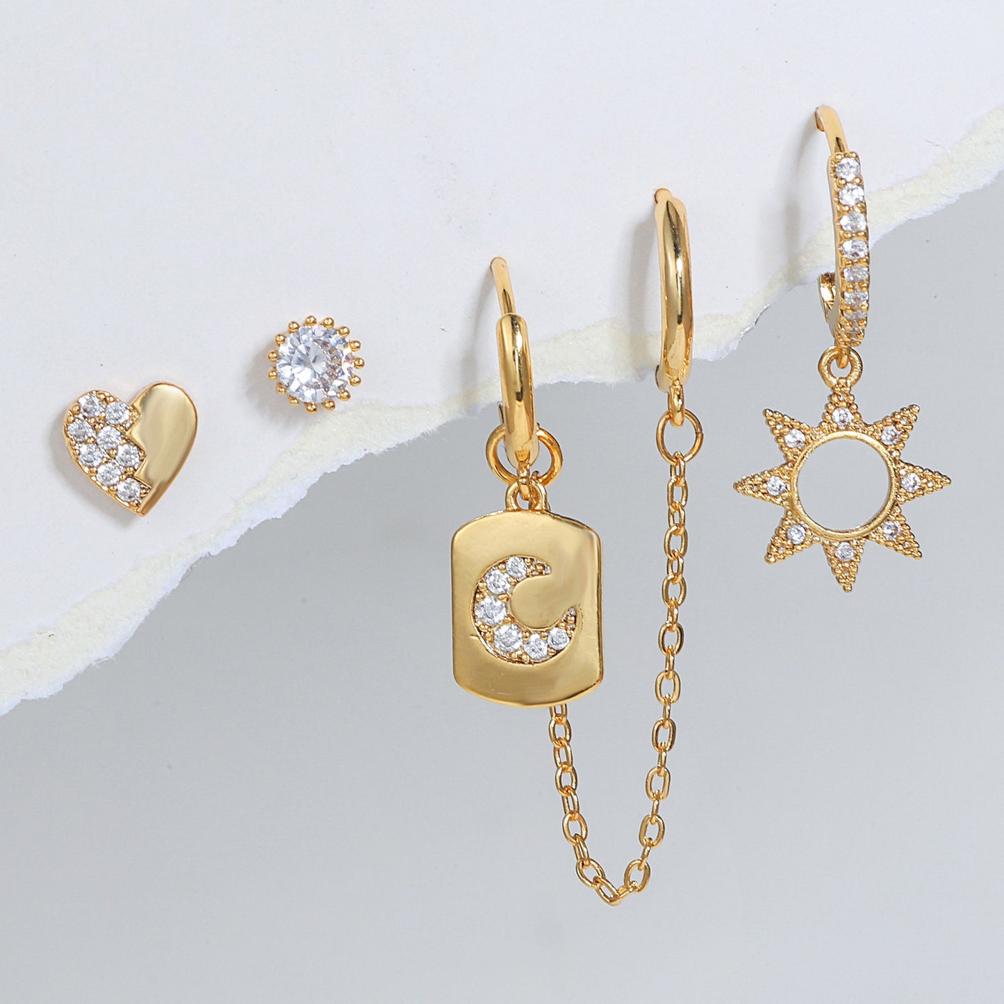 SOLAR RAY - GOLD Celestial Multiple Pieces Earrings Set, Moon Star Heart Sun Design, Dangling Linked Chain Earrings Stud, Best Gift For Her